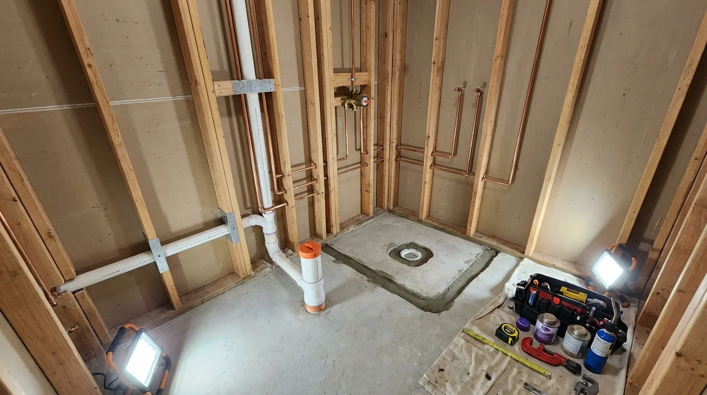 Bathroom rough-in plumbing during remodel by Johns Plumbing LLC in Wilmerding