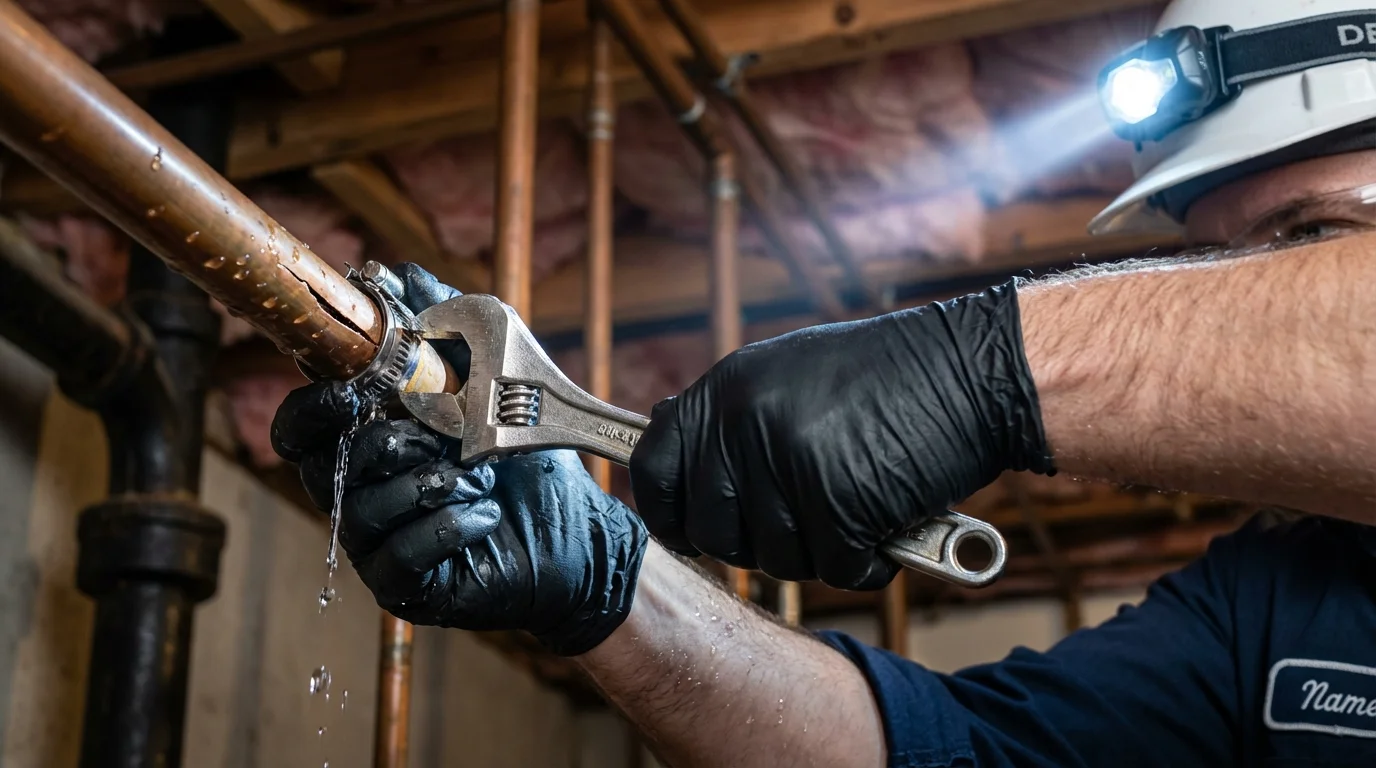 Emergency pipe clamp repair being performed by a Johns Plumbing LLC plumber in Wilmerding
