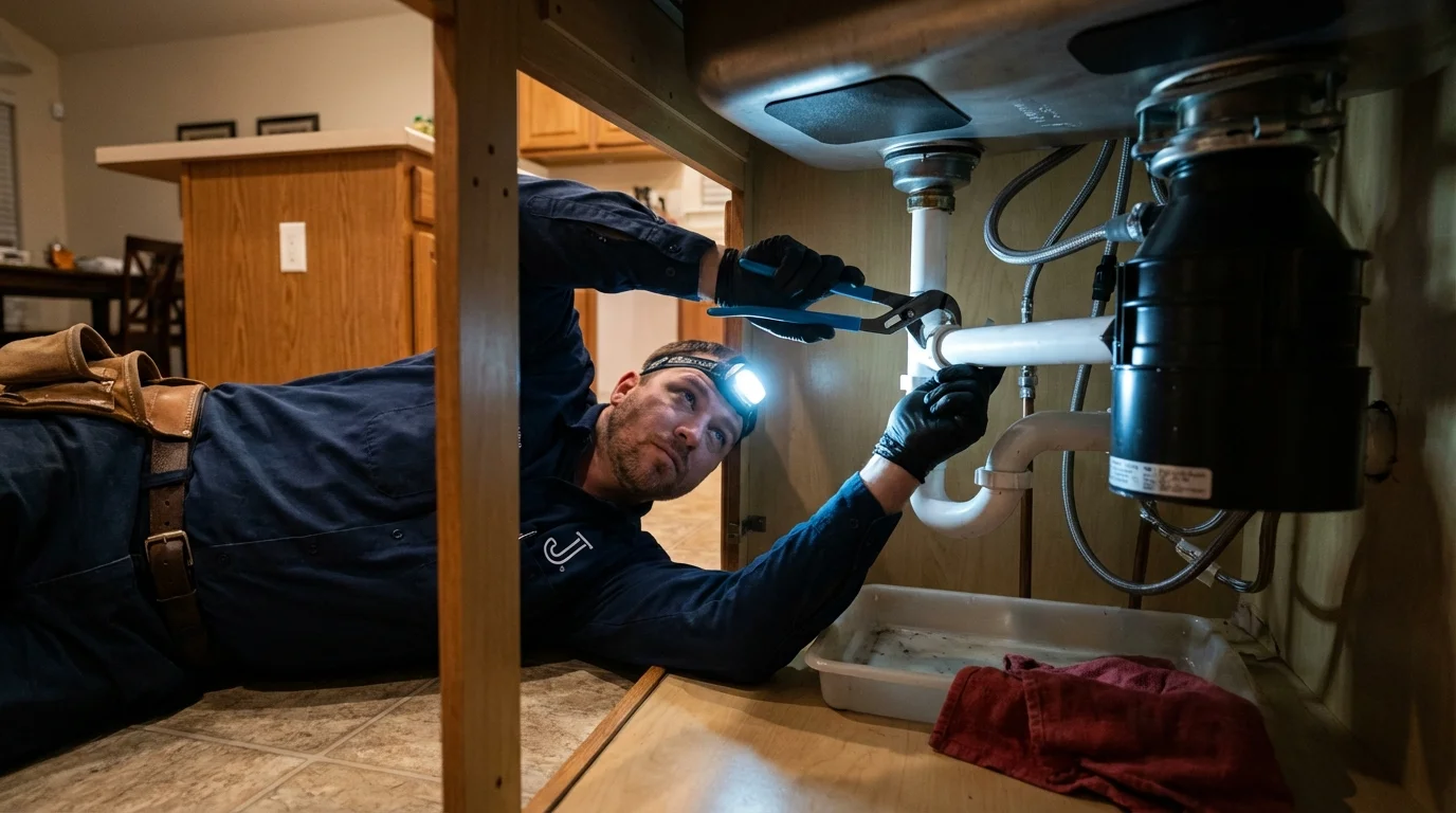 P-trap and supply line connections under a kitchen sink showing a common leak point in Wilmerding, PA